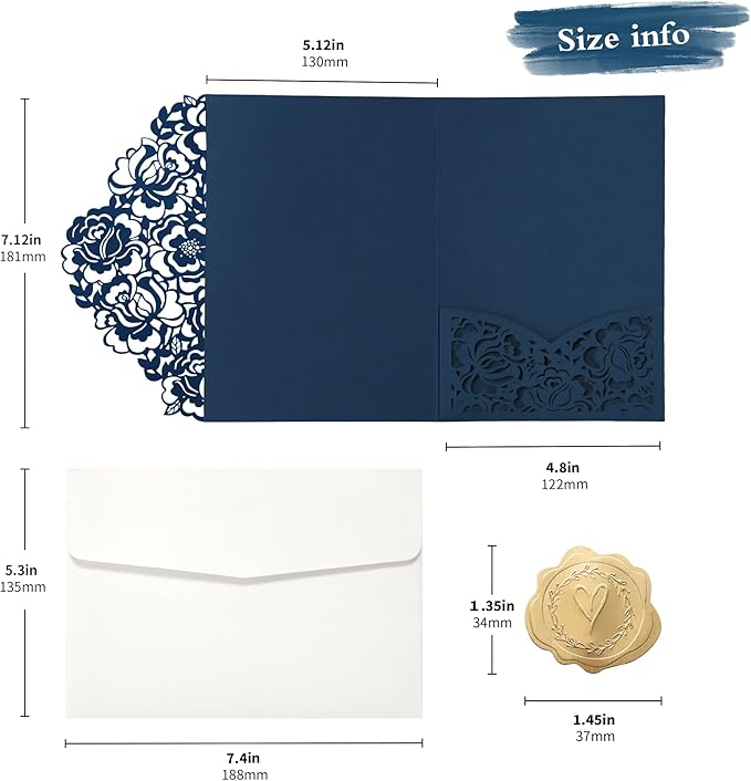 DORIS HOME 50pcs Laser Cut Wedding Invitation Pockets with Envelopes Blue, 5.12" x 7.12"Invitation Cards for Wedding, Anniversary (No Inserts Included)