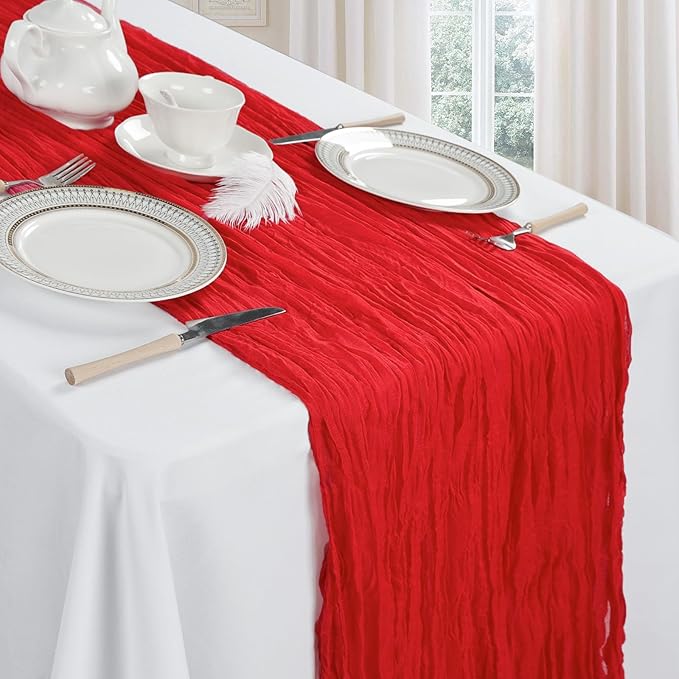12 Pack Red Cheesecloth Christmas Table Runner 10ft Boho Gauze Fabric Cheese Cloth Table Runner 35 x 120 Inch Rustic Sheer Runner for Wedding Home Decor Holiday Party Table Centerpiece Decoration