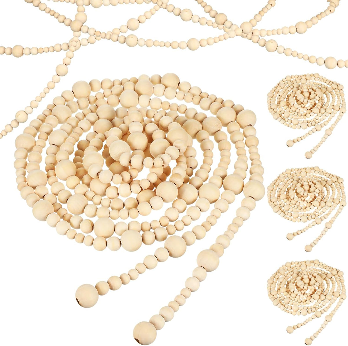 4 Pcs Christmas Tree Wood Bead Garland, 18 ft Each, Wood Color