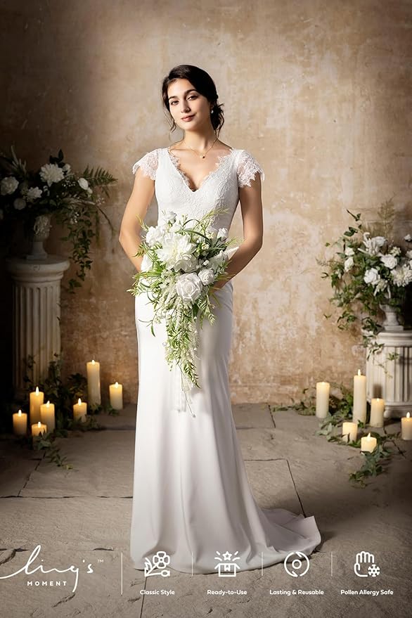 Ling's moment White Green Bridal Bouquet for Bride, White Green Wedding Bouquets for Bride, 13 Inch Bride Bouquets for Wedding Artificial Flowers Bouquets