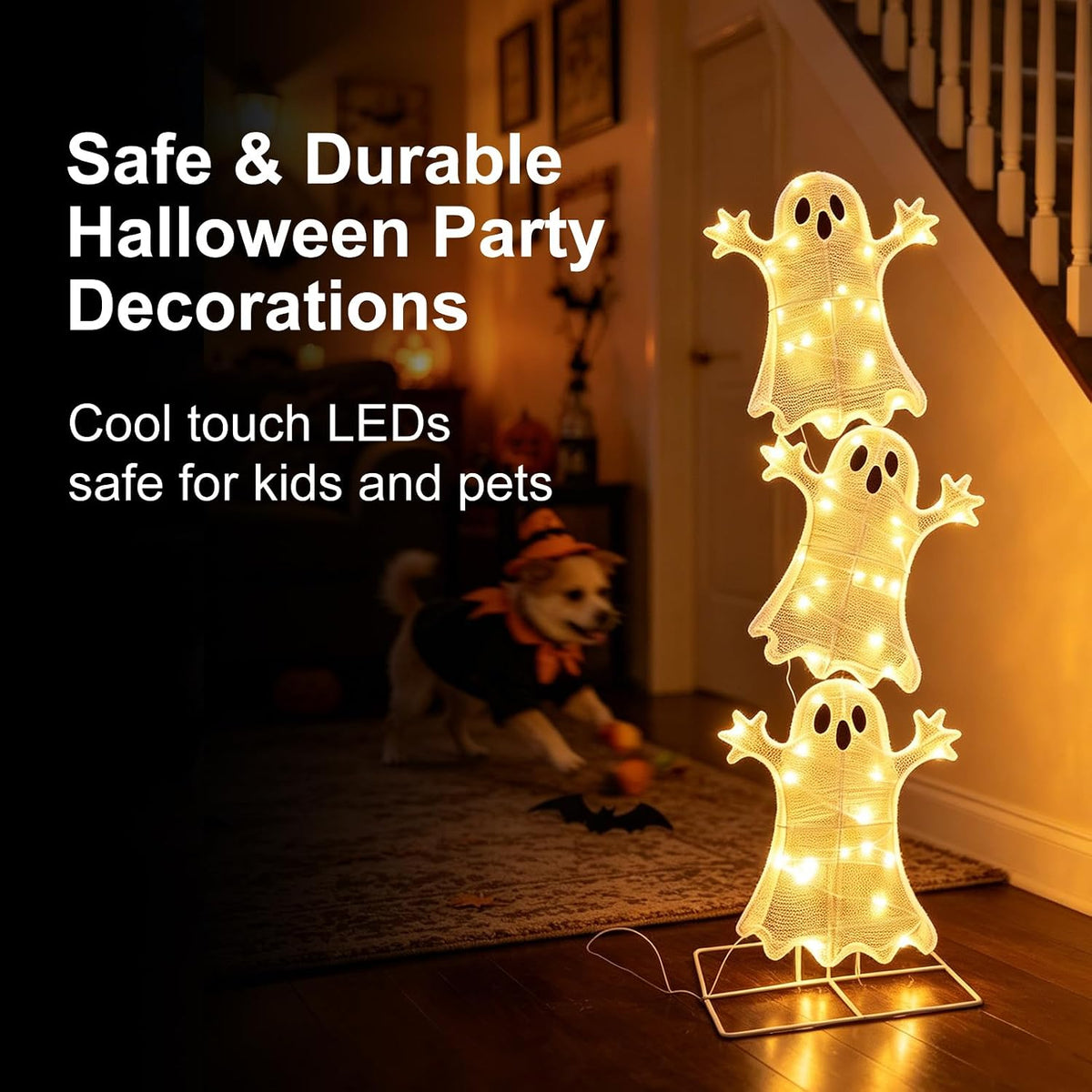 halloween decorations lighted 3 stacked ghosts, freestanding led showing dimensions