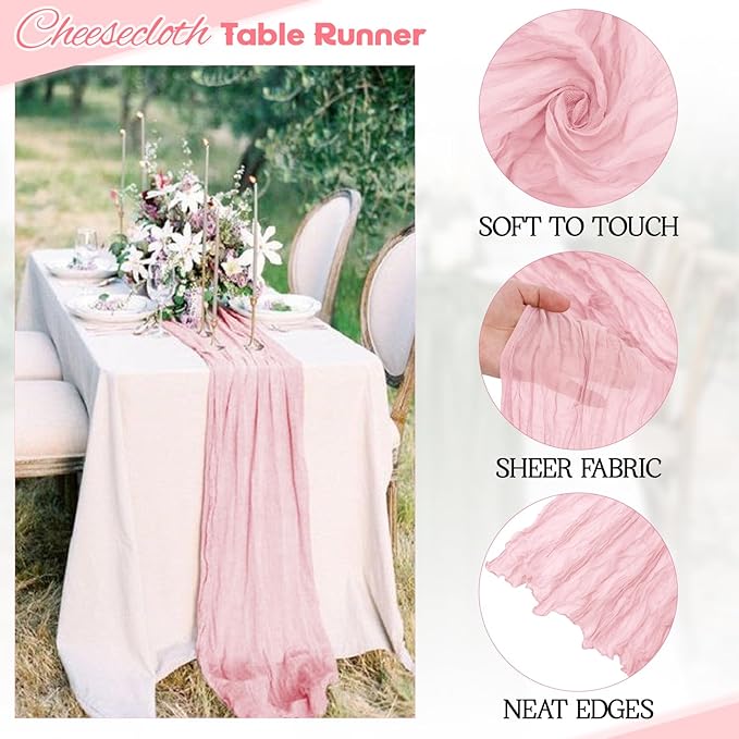 Aktor 12 Pack Pink Table Runner Boho Cheesecloth Table Runner Semi Sheer Gauze Fabric Runners for Wedding Birthday Baby Shower Party Boho Table Decoration（Pink）