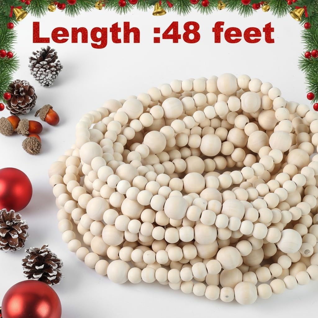 48ft christmas wood bead garland rustic holiday decor shown in use
