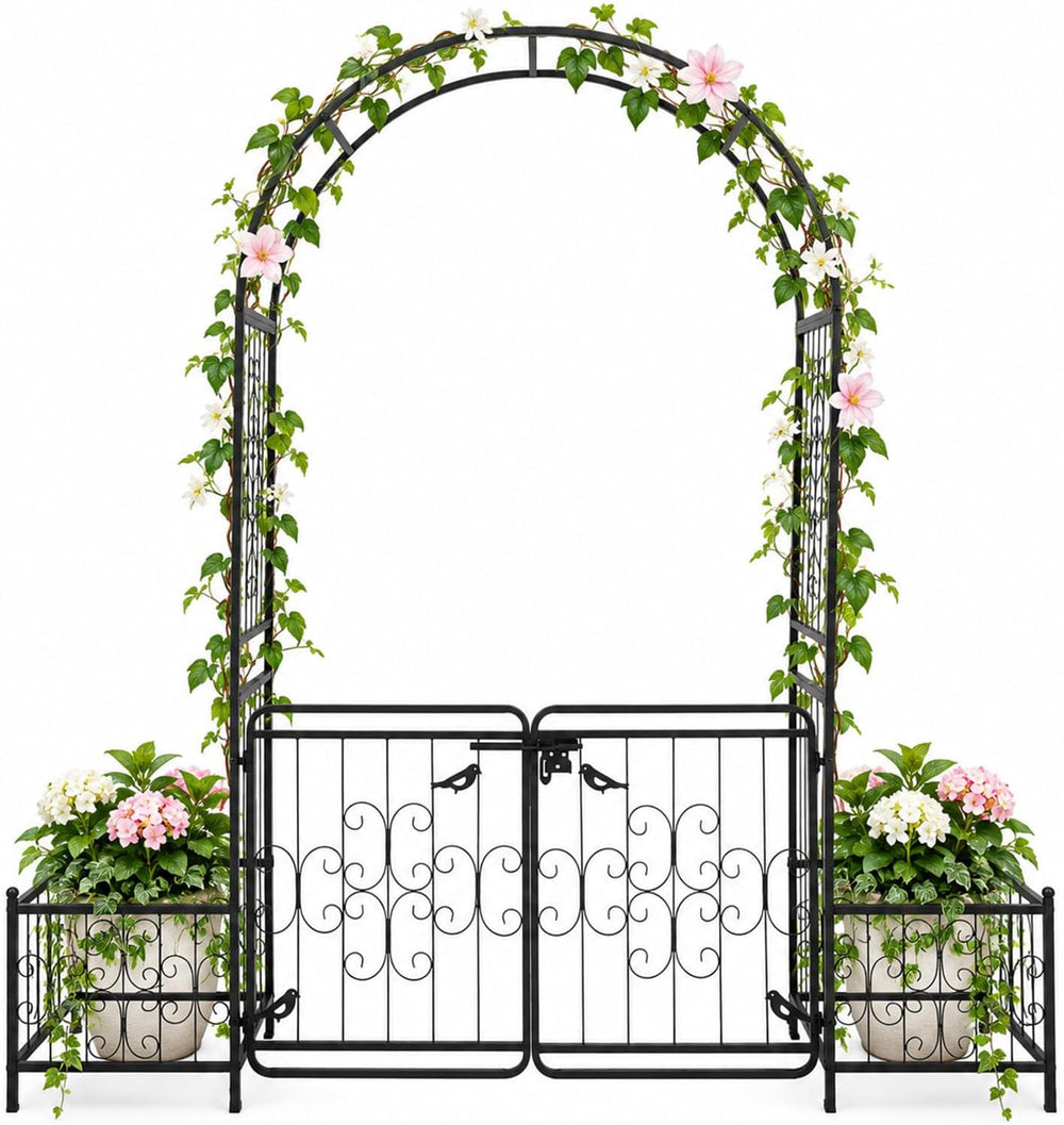 VINGLI Garden Arbor Arch with Gate and Planter Box, Wedding Arch Archway for ...