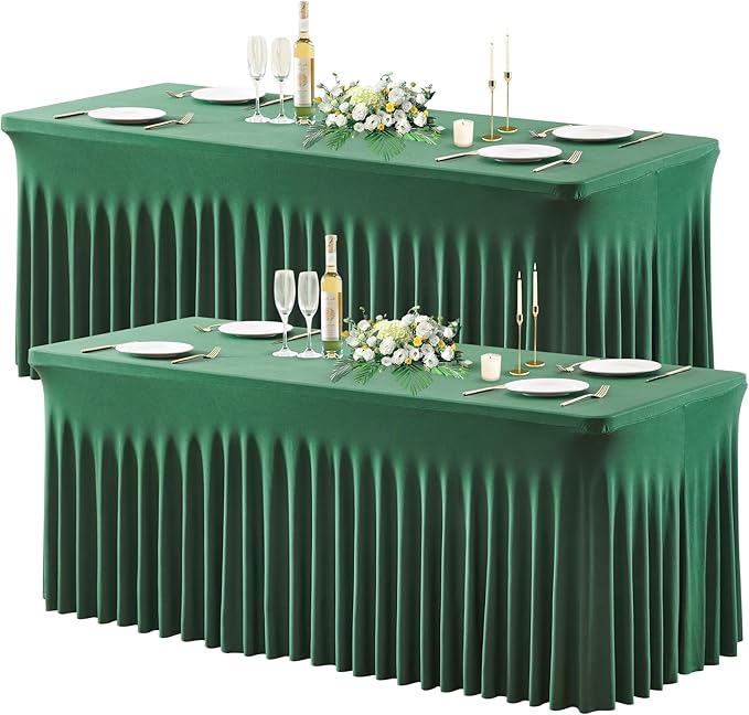 Wish Care 2 Pack Hunter Green Spandex Table Clothes for 4 Foot Rectangle Tables, 4FT Wrinkle Free Fitted Tablecloths Ruffles Design Table Cover for Party, Banquet, Wedding and Events