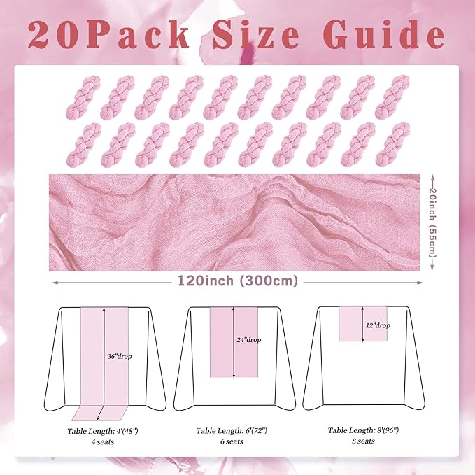 Light Pink Cheesecloth Table Runner 20 Pack 10FT Rustic Gauze Fabric Cheese Cloth Table Runner for Wedding 20 x 120 Inch Long Bridal Baby Shower Table Decorations Boho Sheer Birthday Party Table Decor