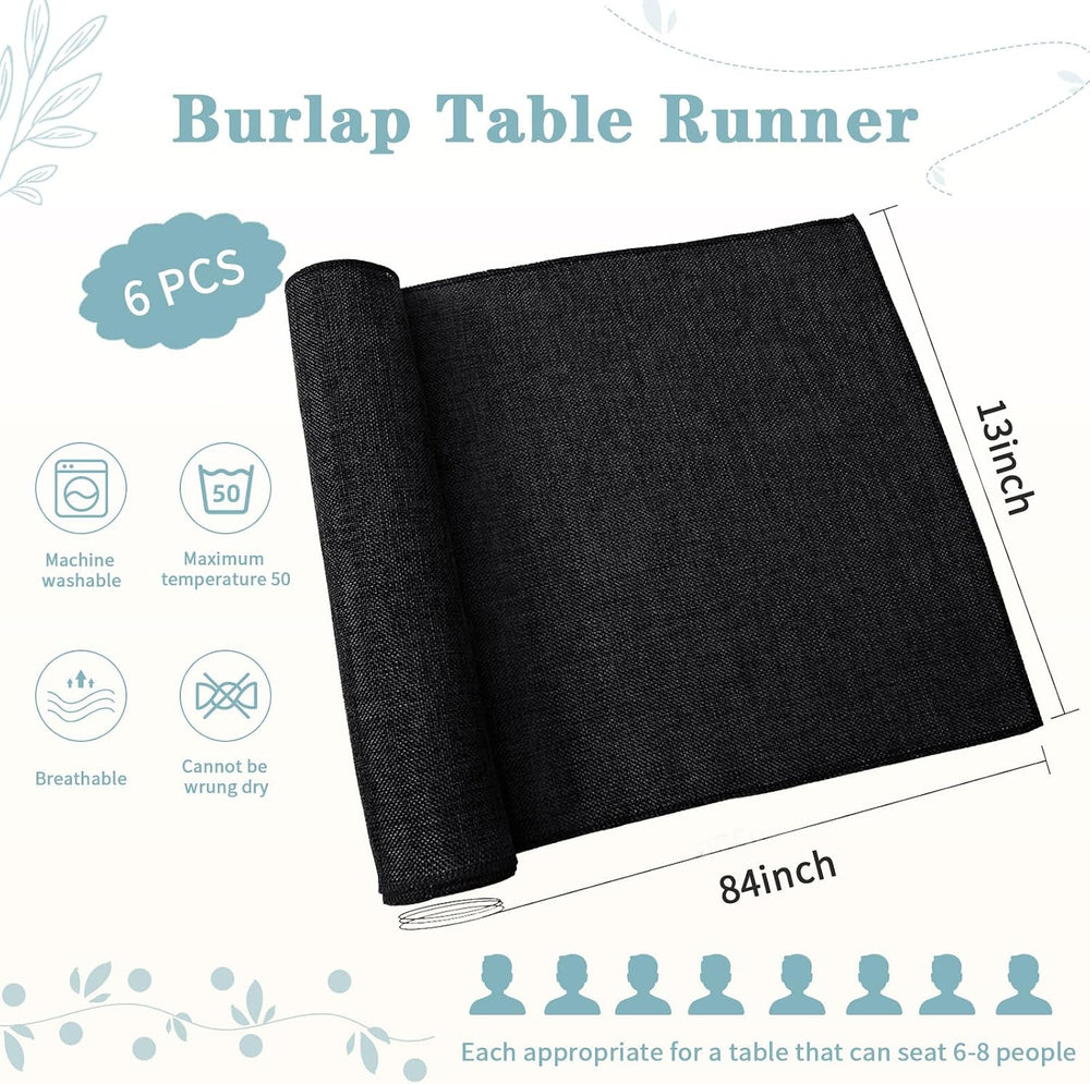 6 Pack Black Burlap Table Runners Jute Table Linens 13x84 inch