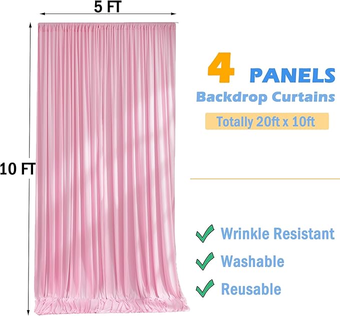 20ftx10ft Wrinkle Free Pink Backdrop Curtain for Parties, 4 Panels Silky Polyester Photo Backdrop Drapes Back Drop Cloth for Wedding Birthday Photography Background Baby Shower Decor