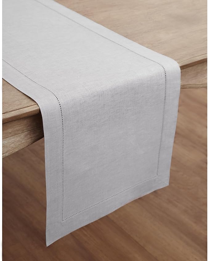 Solino Home Linen Soft Grey Table Runner 90 Inches Long - 100% Pure Linen Hemstitch 14 x 90 Inch Table Runner for Dining, Fall, Autumn, Thanksgiving, Christmas - Classic Hemstitch