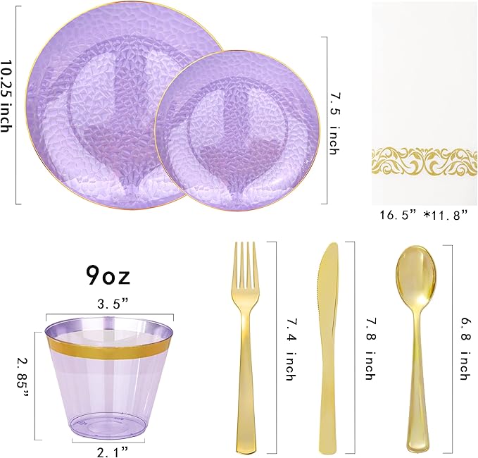 Rubtlamp 175 Pcs Purple Plastic Dinnerware Set (25 Guests), Clear Purple Plates With Gold Rim, Hammered Party Platos, Plates And Cups And Napkins Sets for Wedding, Party