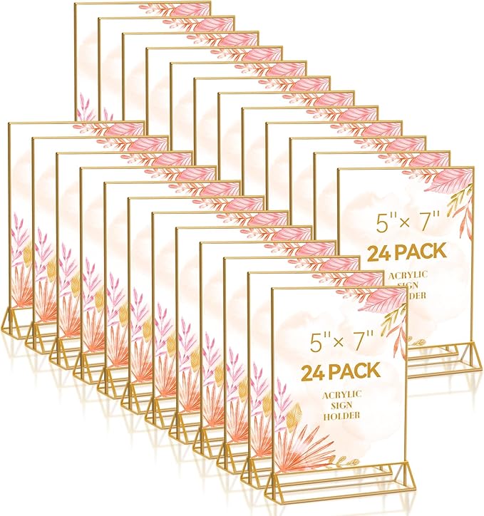 24 Pack Gold Acrylic Sign Holder, Picture Frames Wedding Double Sided Display Clear Sign Holders Stand Desktop Table Menu for Wedding Party Restaurant (5×7)