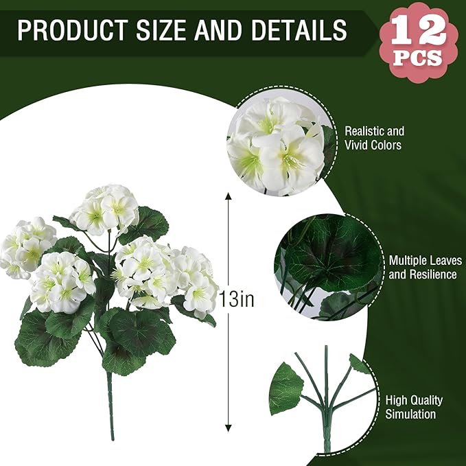 Hananona Artificial Geranium Flowers for Outdoors Geranium Silk Flowers Outdoor UV Resistant Garden Plants Faux Flowers for Home Kitchen Table Centerpieces Decor (12, White) (12 Pcs)