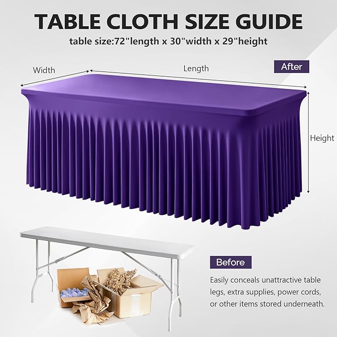 Wish Care 6 Pack Dark Purple Spandex Table Clothes for 6 Foot Rectangle Tables, 6FT Wrinkle Free Fitted Tablecloths Ruffles Design Table Cover for Party, Banquet, Wedding and Events
