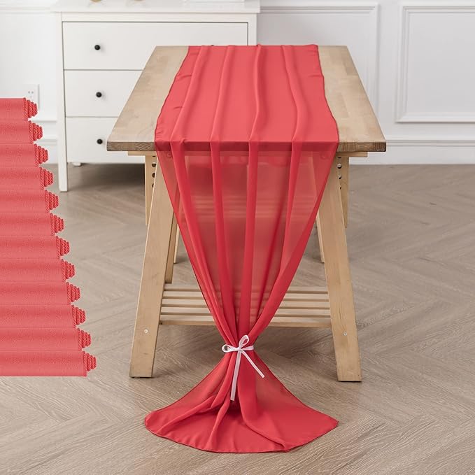 12Pack 9ft Chiffon Table Runner 14x108 Inch Sheer Romantic Table Runner for Wedding Birthday Party Bridal Shower Outdoor Decoration-Red
