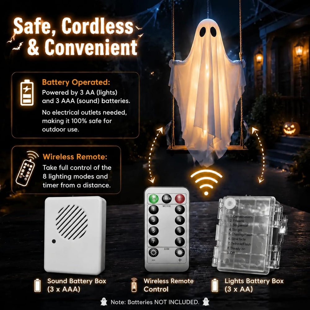 5FT Large Swinging Ghost Outdoor Halloween Decor - Light Up Hanging Ghost wit...