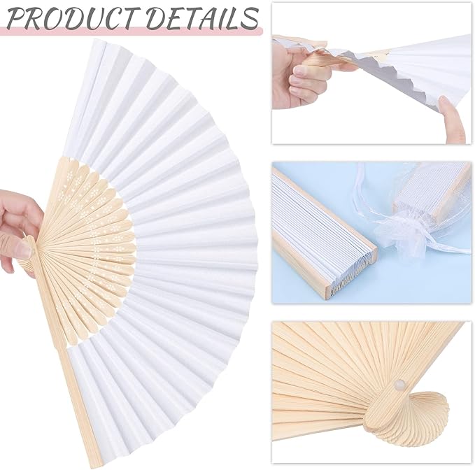 MCEAST 60 Pieces Wedding Handheld Paper Fans White Bamboo Folding Paper Fans with 60 Organza Bags Foldable Cool Wedding Favors Wedding Fans for Guests Party Favors DIY Decoration
