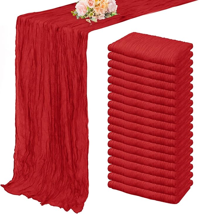 20 Pack Red 10FT Cheesecloth Table Runner Rustic Gauze Fabric Cheese Cloth Table Runner for Wedding Bridal Baby Shower Table Decor Boho Sheer Birthday Party Table Decorations 20 x 120 Inch Long