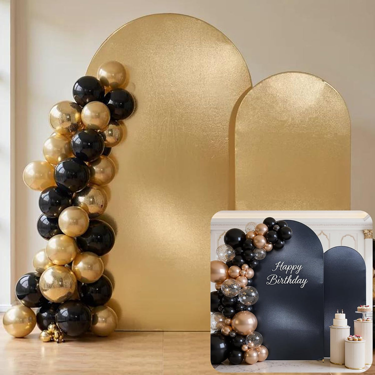 Gold Black Glitter Arch Backdrop Cover 2Set 6 7.2FT Double-Sided