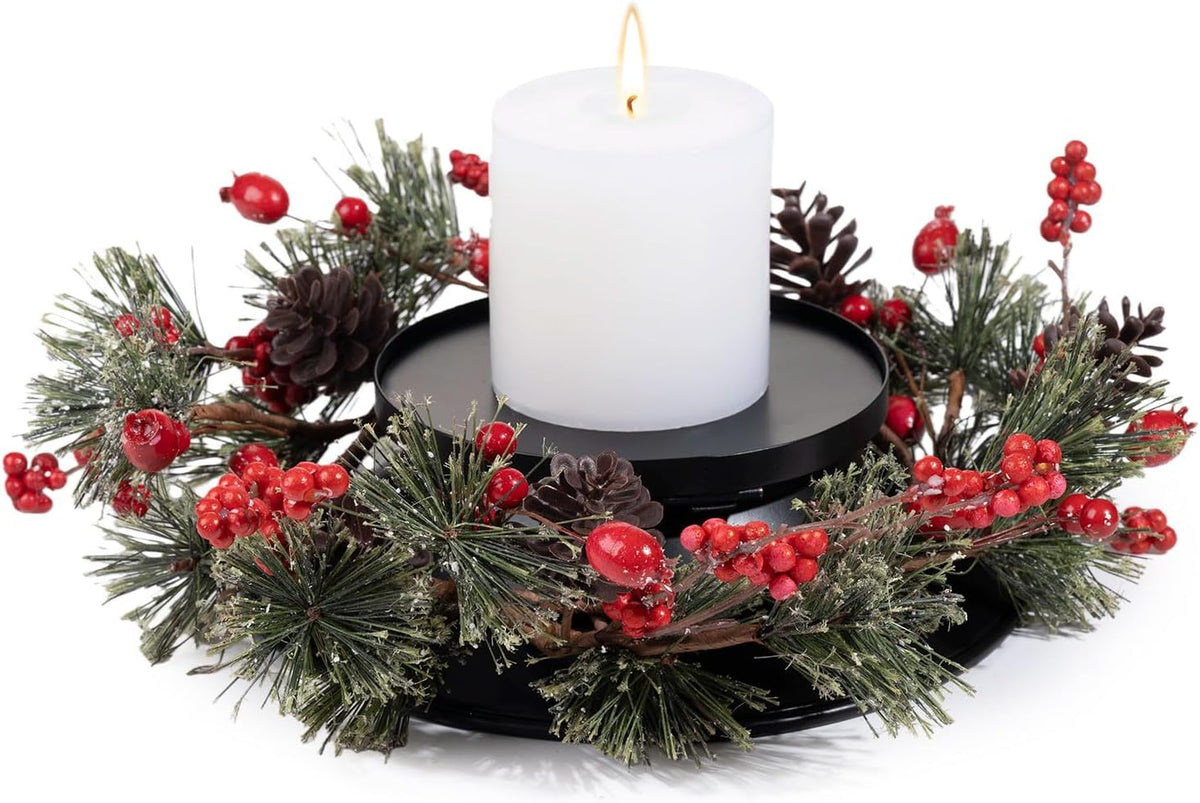 MOYEE Christmas Candle Holder Wreath Single 14 inch, Christmas Candle Ring