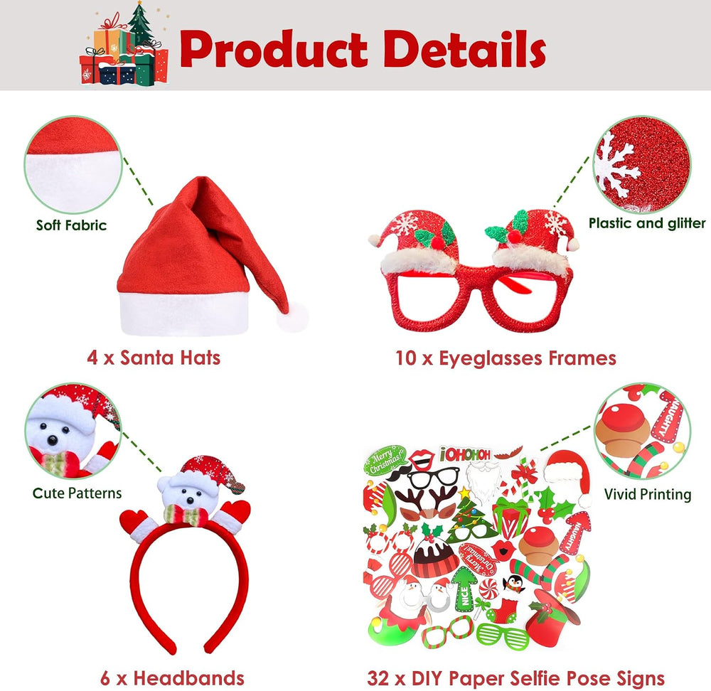 52 Pcs Christmas Photo Booth Props Kit, 20Pcs Glitter Eyeglasses Frame Hats H...