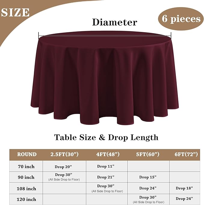 Fitable 6 Pack Burgundy Round Table Clothes - 90 Inches in Diameter - Stain Resistant and Washable Tablecloths, Polyester Fabric Table Covers for Wedding, Party, Banquet, Gathering