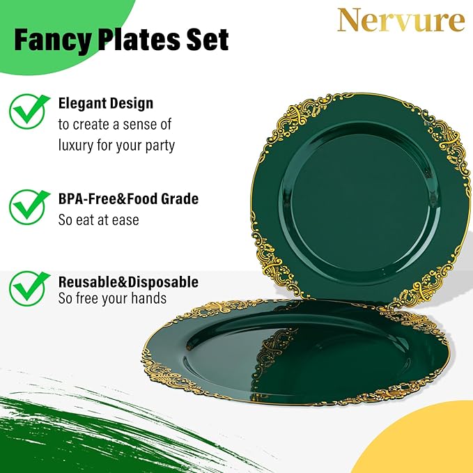 Nervure 350PCS Green Plastic Plates - Green Gold Plastic Dinnerware Sets for 50 Guests - 100 Disposable Plates, 150 Gold Silverware, 50 Cups, 50 Napkins for Wedding & Party & Christmas