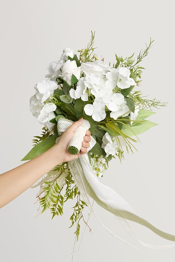 Ling's moment White Green Bridal Bouquet for Bride, White Green Wedding Bouquets for Bride, 13 Inch Bride Bouquets for Wedding Artificial Flowers Bouquets