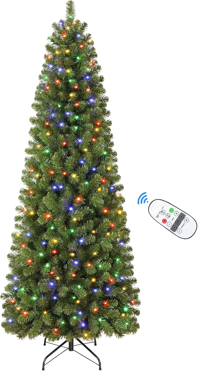 SHareconn 6.5ft Prelit Pencil Hinged Christmas Tree with Multi-Color Lights
