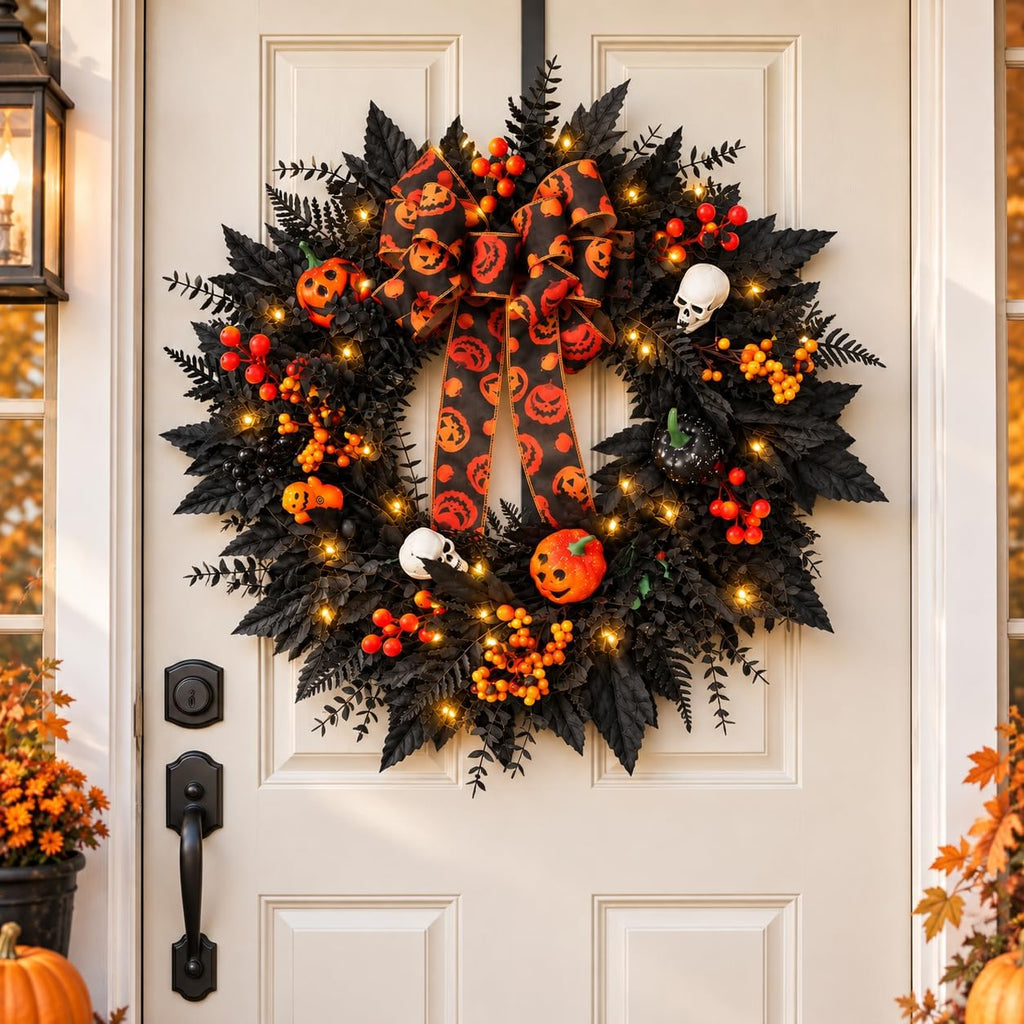 24 in Halloween Wreath for Front Door, Black Skeleton Spider Web Door Decor