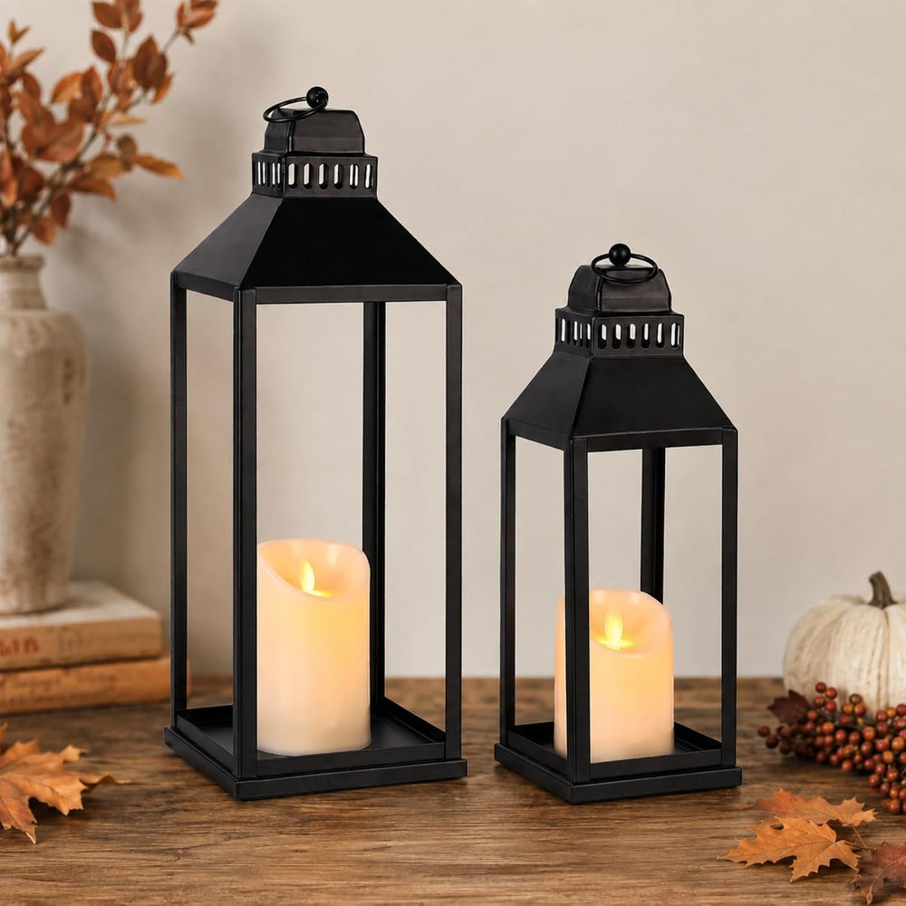 Decorative Lanterns Indoor Outdoor, 2Pcs 17" 13" Black Lantern with...