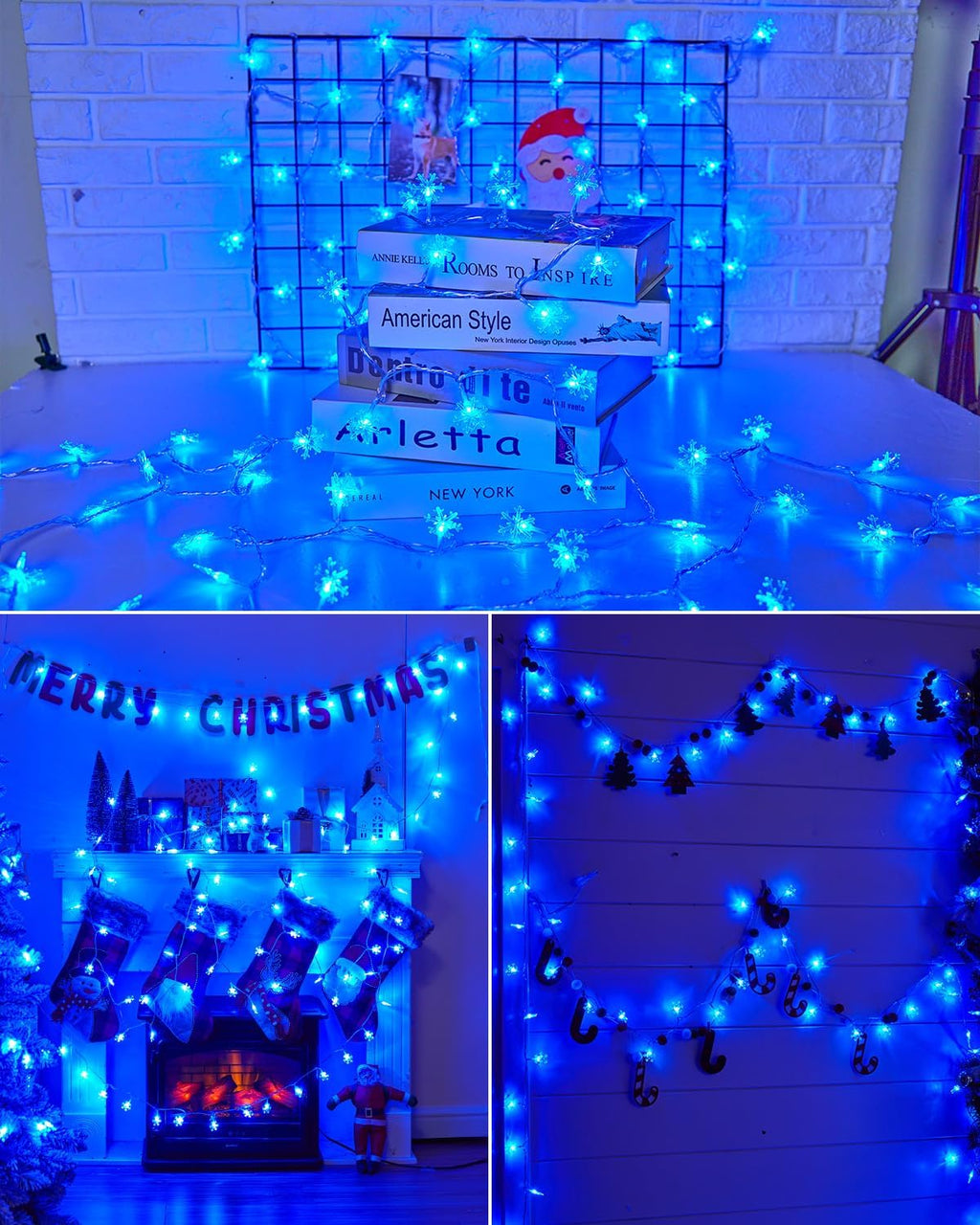 brightown solar christmas snowflake string lights, 72ft 200 on a desk or shelf
