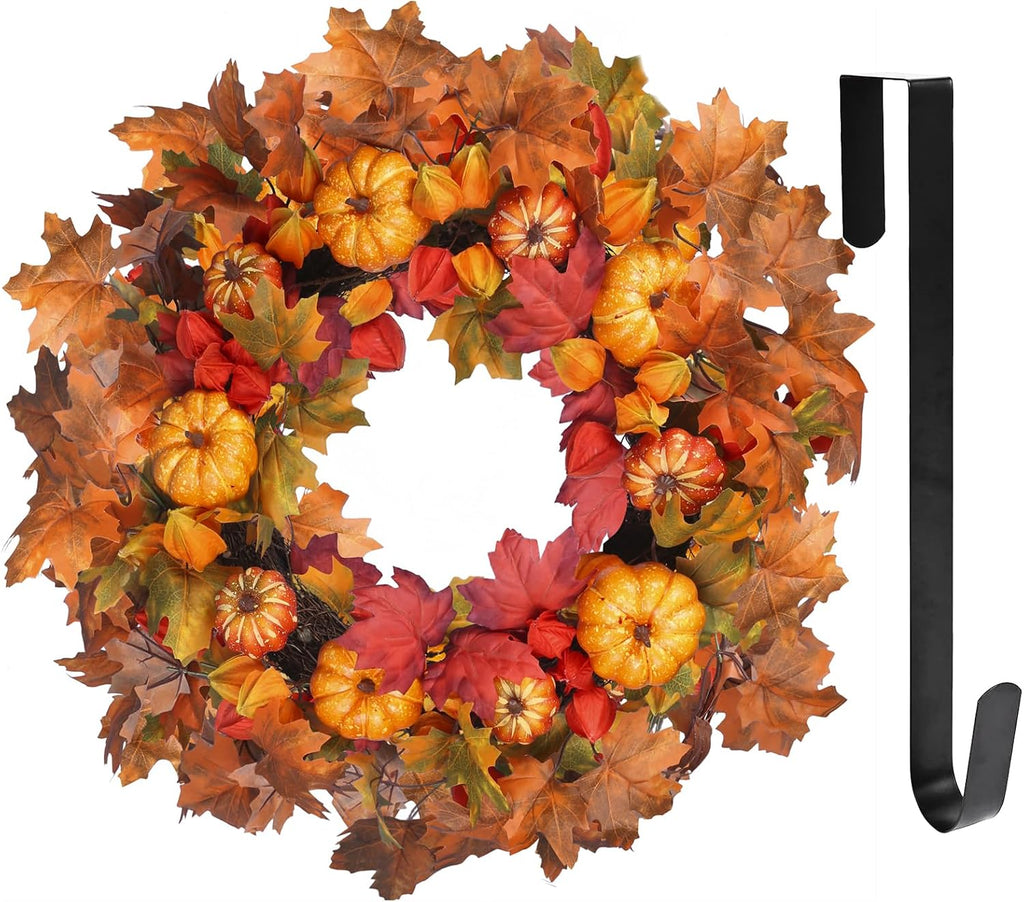Thanksgiving Fall Wreath for Front Door 24 Inch Pumpkins Autumn Wreaths