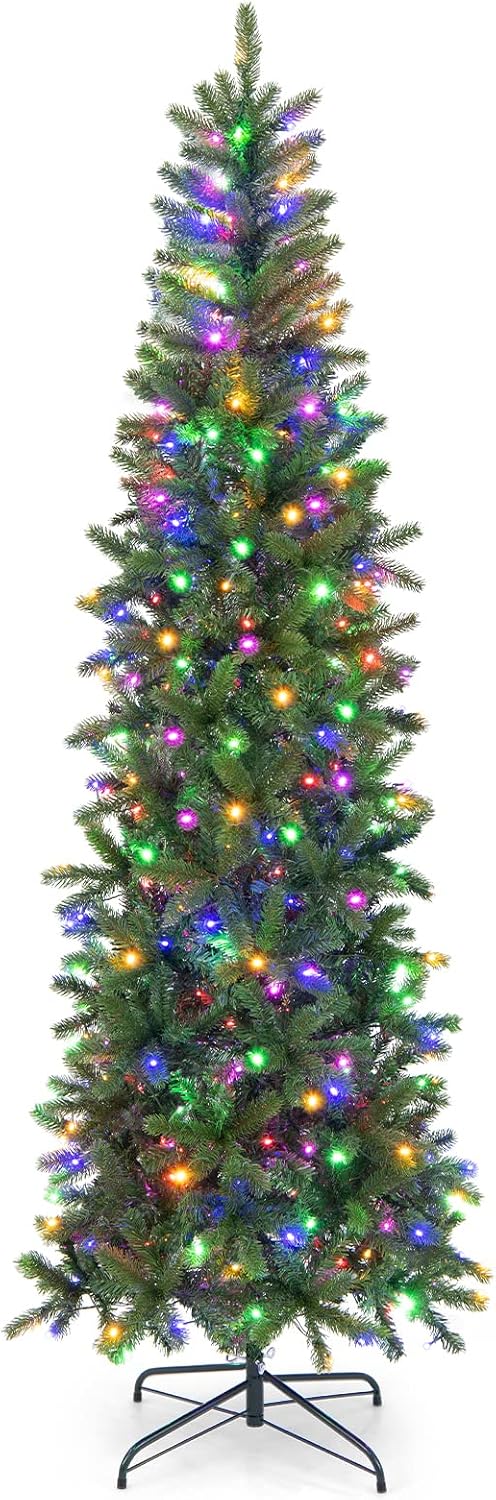 Goplus 7.5ft Pre-Lit Pencil Christmas Tree with 350 Lights, 10 Light-Modes