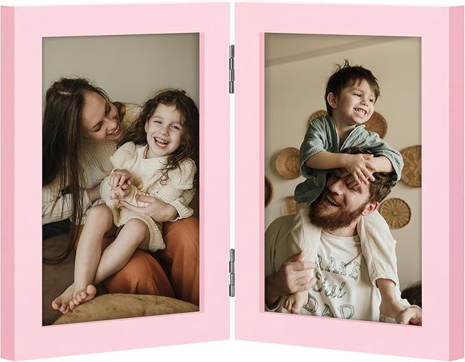 decorUhome Double 4x6 Picture Frame Vertical, Engineered Wood Bifold Photo Frame with Plexiglass for Tabletop Display, 4x6, Pink
