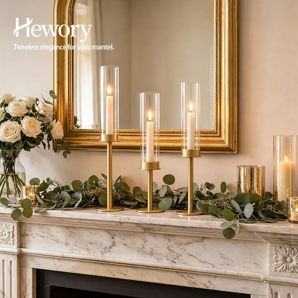 Hewory Gold Candlestick Holders: 6PCS Glass Hurricane with Brass Base