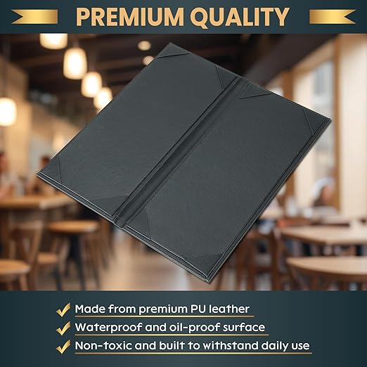 12 Pack 2 View Menu Holder Menu Covers 4.25" x 11" | Black Leather Menu Sleeves Book Style for Restaurant Coffee Bars Wine List