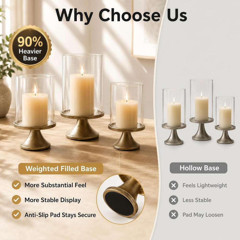 Hurricane Glass Candle Holders Set of 3, Weighted Base for Pillar Candles