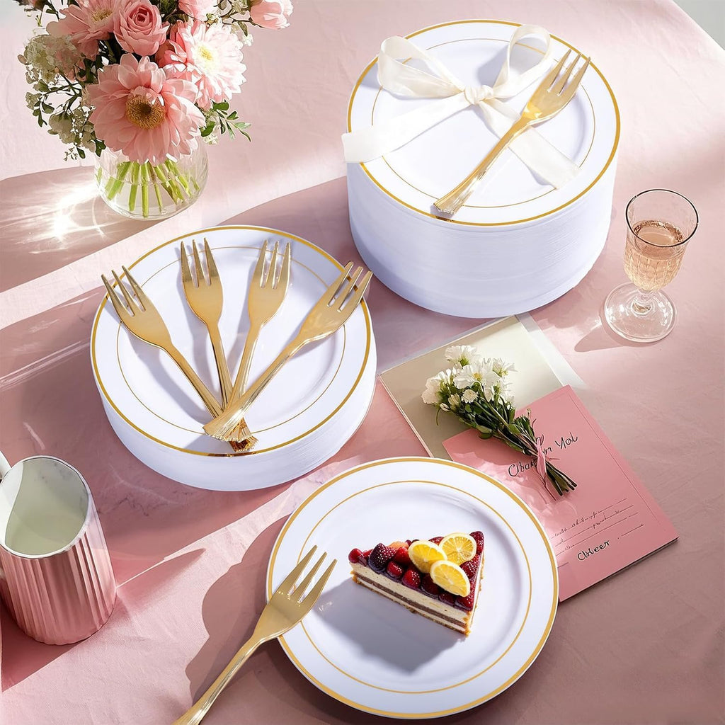 wellife 240 pcs disposable dessert plates with gold showing dimensions