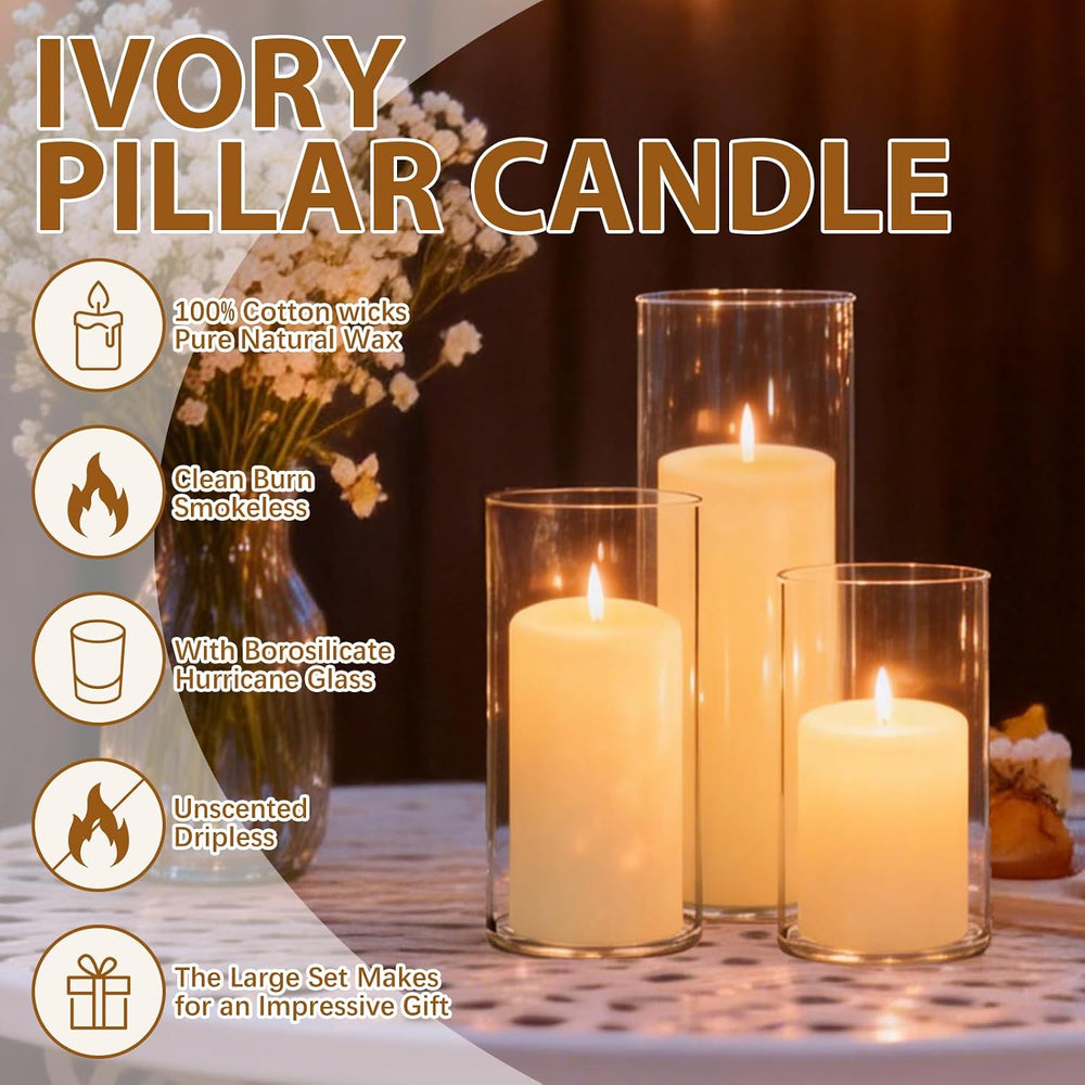 24 PCS Ivory Pillar Candles and Glass Cylinder Vases