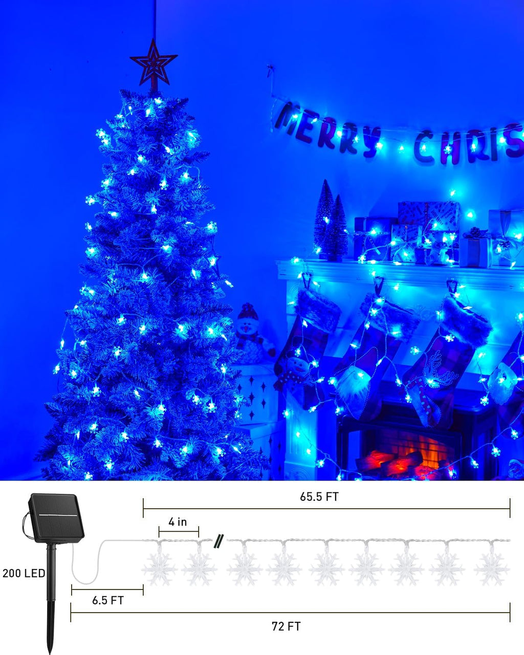 brightown solar christmas snowflake string lights, 72ft 200, close-up detail