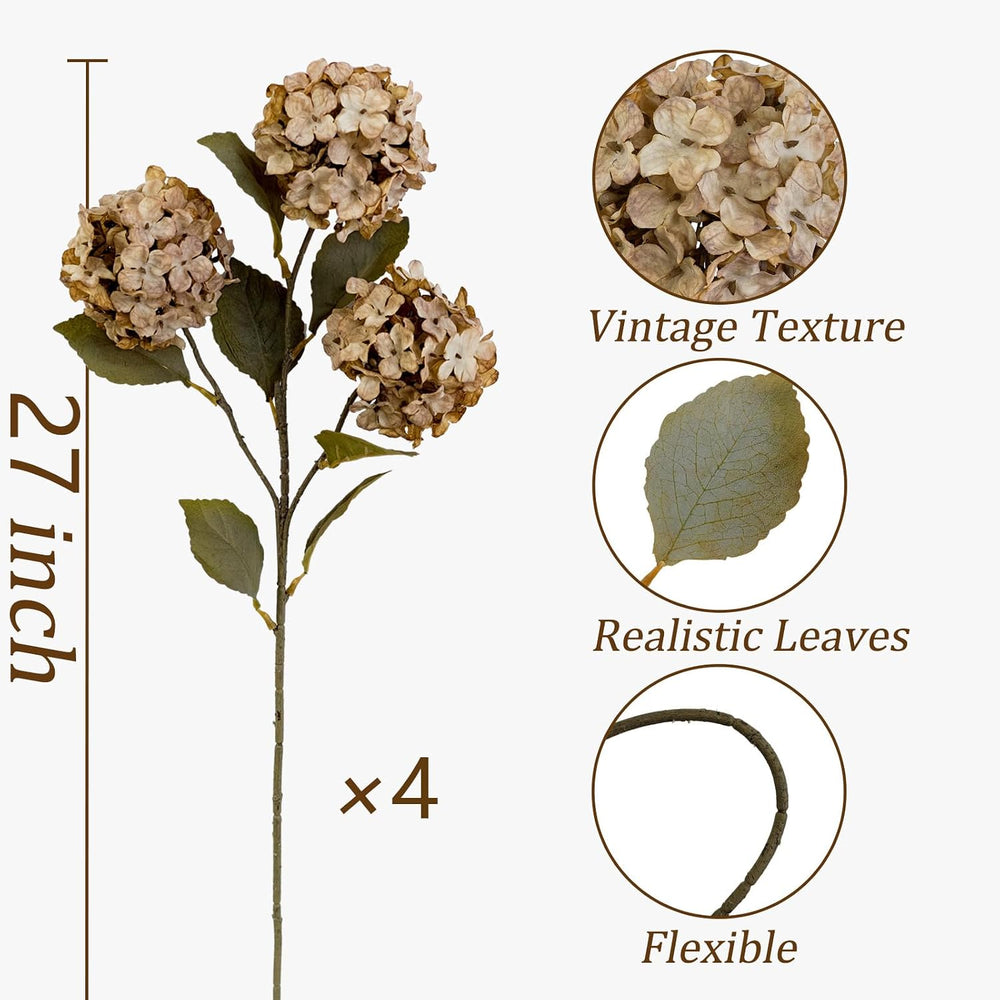 Thewe 4Pcs Brown Hydrangea Artificial Flowers – 27" Vintage Fake Flowers