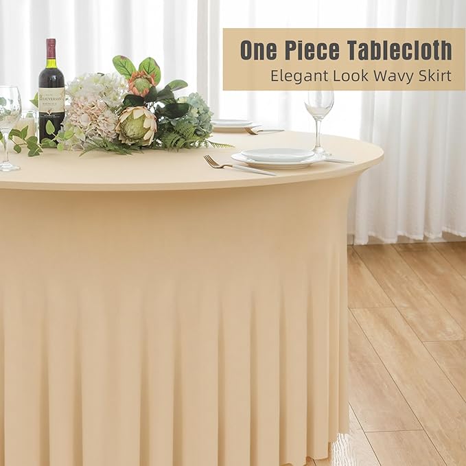 6 Pack Champagne Round Spandex Tablecloth 60 Inch, Wrinkle Free Stretch 120 Inch Fitted 5ft Champagne Table Cloths Round Table Covers with Ruffle Skirt for Party Wedding Banquet