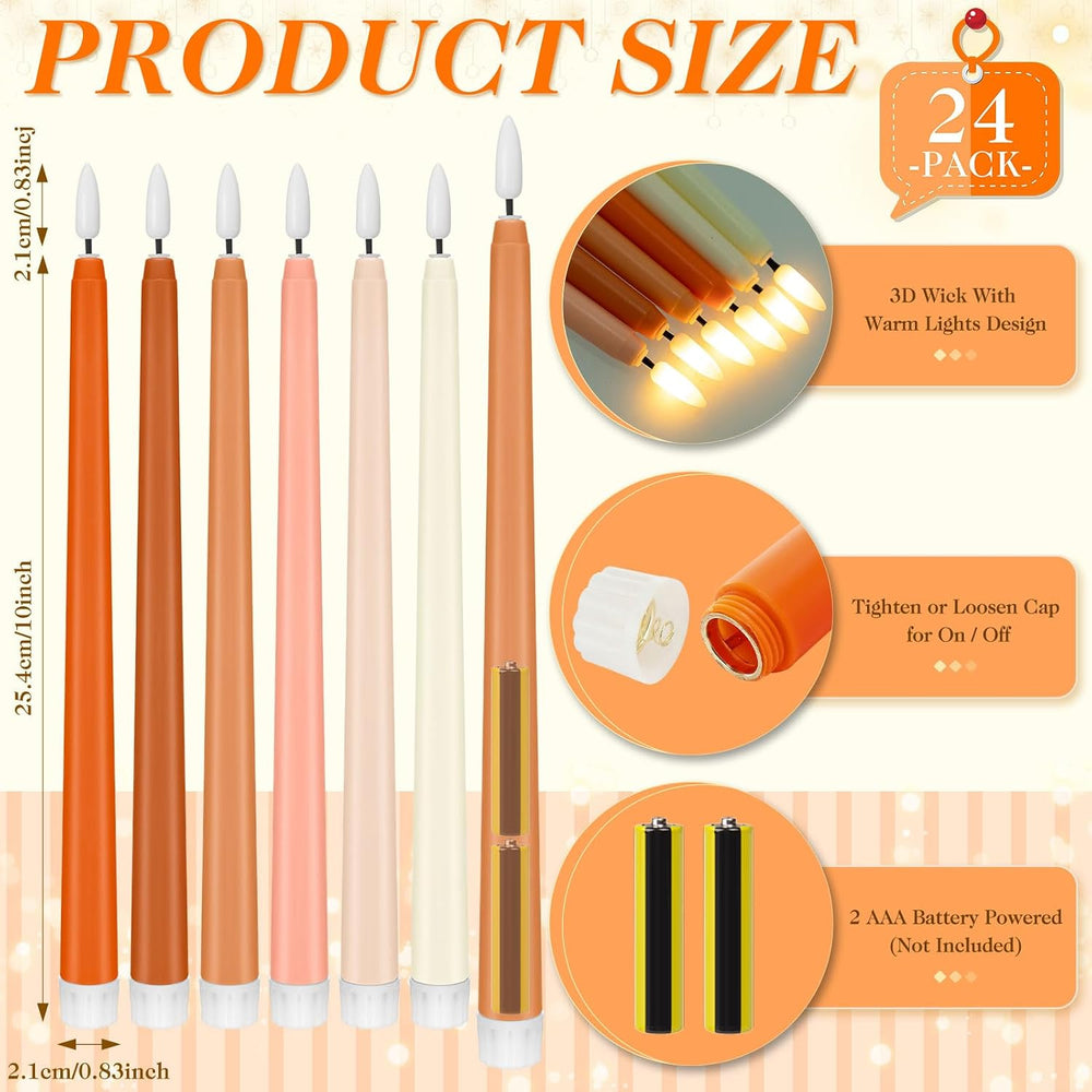 Baquler 24 Pcs 11'' Fall Flameless Taper Candles Brown LED Candlesticks
