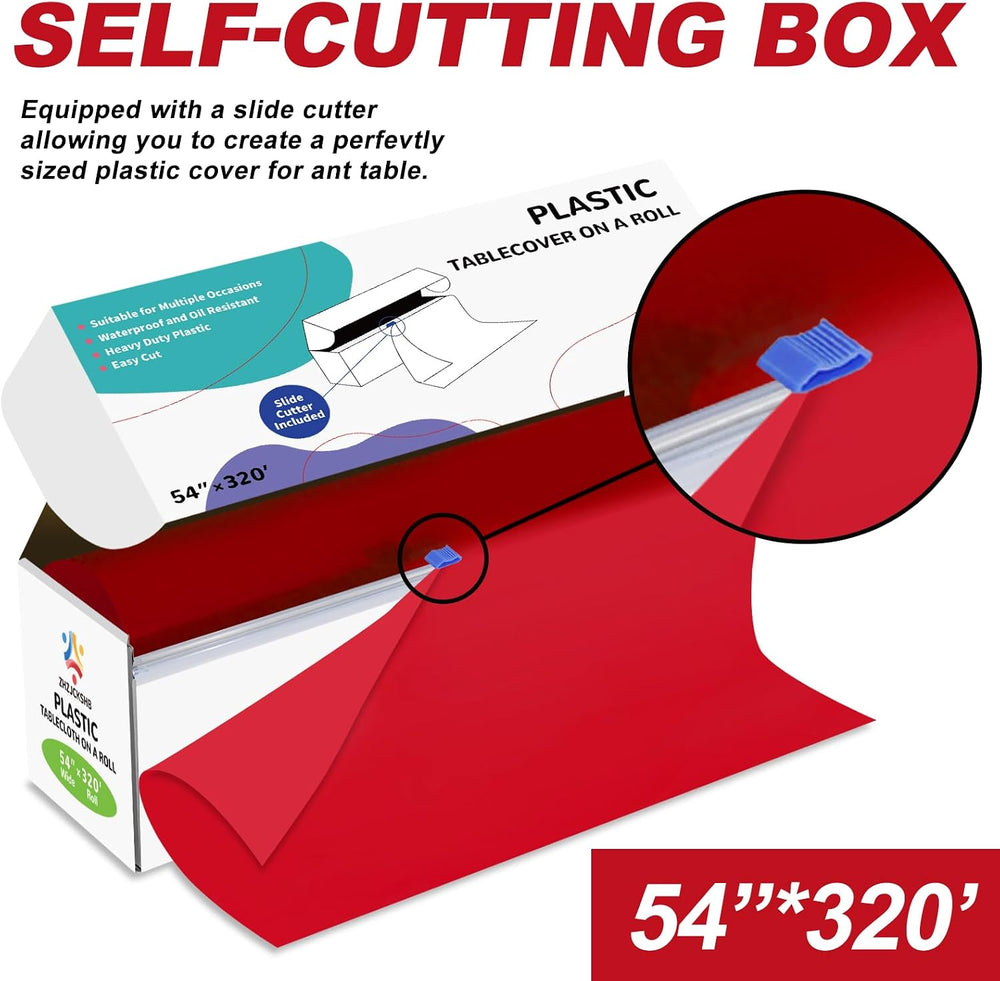 54IN X 320FT Plastic Table Cover Roll with Cutter Box, Cut to Size Plastic Ta...