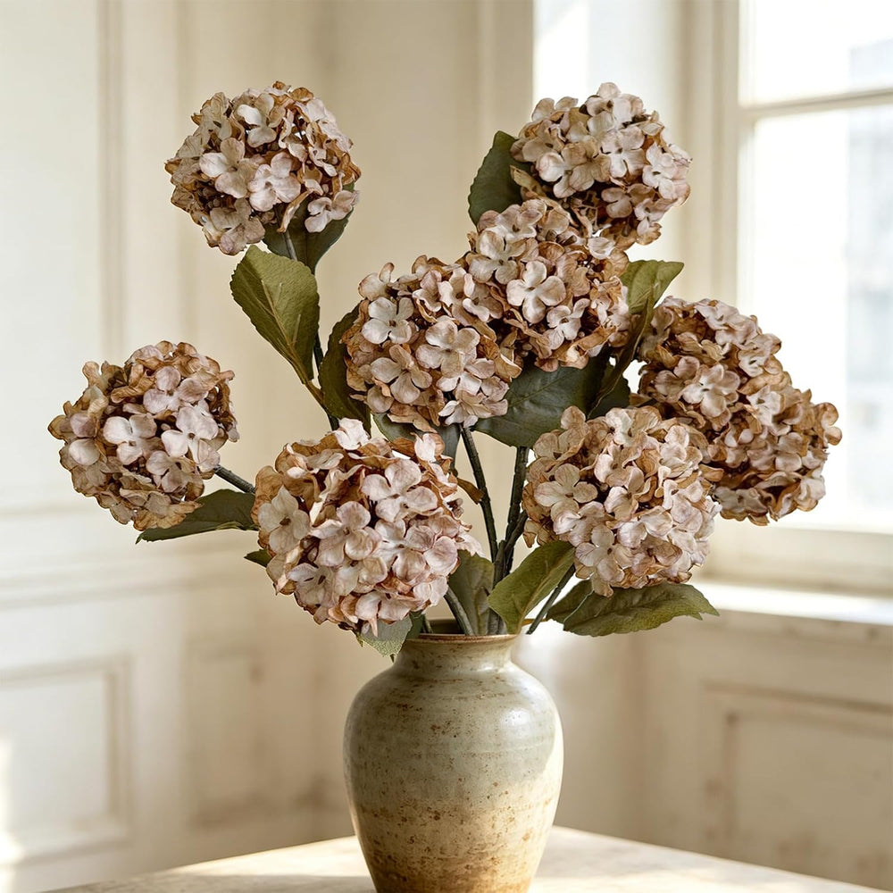 Thewe 4Pcs Brown Hydrangea Artificial Flowers – 27" Vintage Fake Flowers