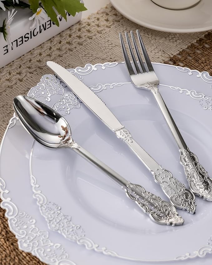 Goodluck 350 Piece Silver Plastic Dinnerware Set for 50 Guests, Fancy Disposable Plates, Include: 100 Silver Rim Plastic Plates, 150 Silverwares, 50 Pre Rolled Napkins, 50 Cups for Party, Wedding