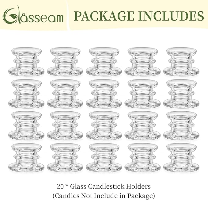 Glasseam Glass Tapered Candlestick Holders: 20Pcs Clear Taper Candle Holders Bulk Modern Small Candle Stick Candle Holder Short for Table Centerpiece Wedding Christmas Dinner Party Decor