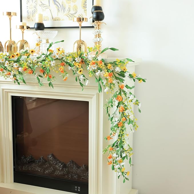 Mizii Artificial Flower Garland 6FT Fake Daisy Floral Garland Daisies Hanging Vines Spring Summer Flowers Decorations for Mantle Table Centerpieces Room Wall Fireplace Party Wedding Decor (Daisy)