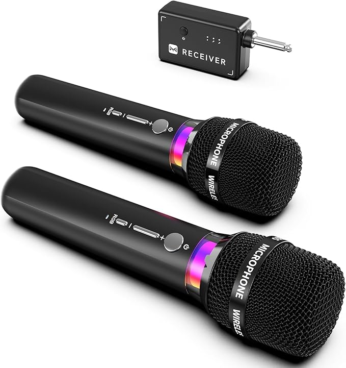 Wireless Microphone, Rechargeable Wireless Microphones with One-to-One Chip Connection and LED Lights, 40H Duration, 200FT Range Receiving, Less Latency Karaoke Microphone for Singing, Speech, Party