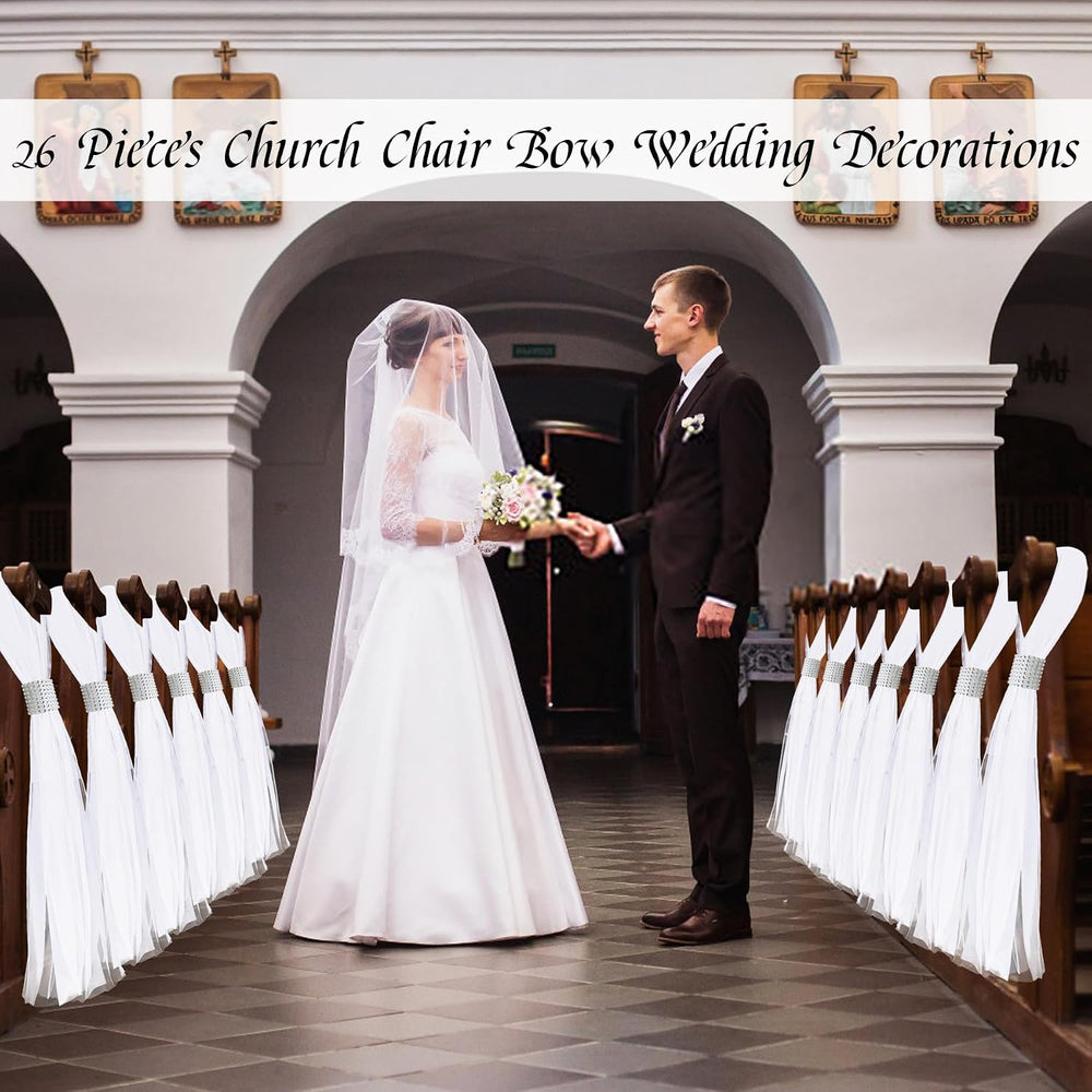 26 Sets Silver Large White Pew Bows Tulle Wedding Aisle Chair Decorations